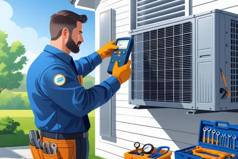 Technician in uniform using diagnostic tool to service outdoor air conditioning unit on residential home.