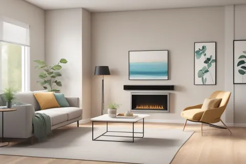 Modern living room with gray sofa, yellow armchair, fireplace, abstract art, and natural light from window.