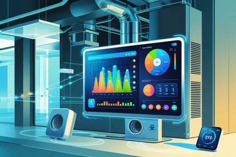 Smart HVAC system control panel with colorful graphs and charts showing energy efficiency and performance metrics.