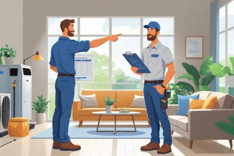 HVAC technician consulting homeowner about air conditioning unit repair in a bright, modern living room