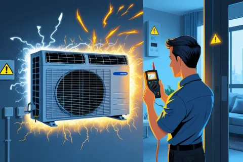 Technician measures electrical voltage of an air conditioning unit with sparks signaling danger and caution signs nearby.
