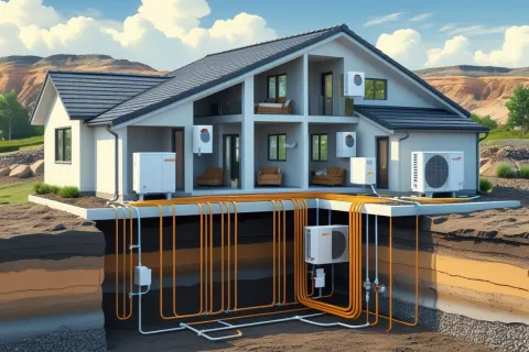 Cutaway view of a house showing HVAC and geothermal heating system with underground pipes and units.