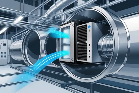 Industrial air purifier installed in duct system filtering airflow in a modern facility interior.