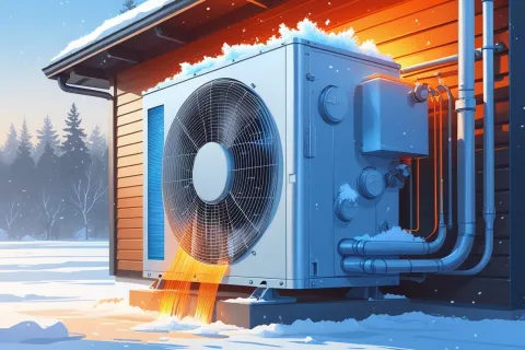 Outdoor heat pump unit releasing warm air beside a snowy house during winter sunset.