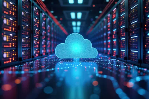 Glowing digital cloud icon in futuristic server room with rows of illuminated data racks and circuits.