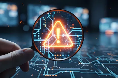 Hand holding magnifying glass highlighting a glowing orange warning sign on a digital circuit board background.