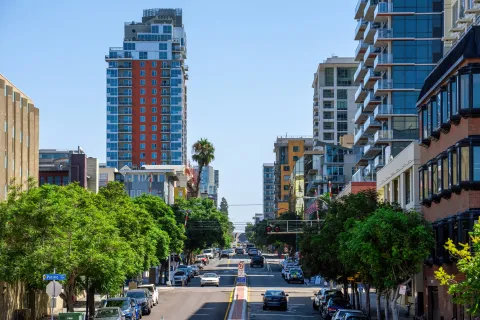 Urban street lined with green trees, parked cars, and modern high-rise buildings on a clear sunny day.