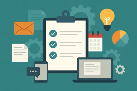 Digital checklist with email, calendar, light bulb, smartphone, laptop, and gears representing productivity and organization.