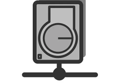 Icon of a hard disk drive connected to a network with two overlapping rectangles in gray and black.