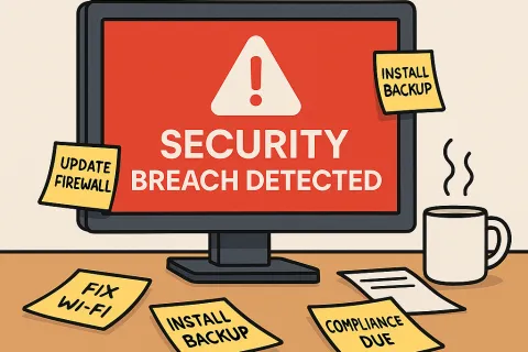 Computer screen shows security breach detected warning with sticky notes on desk for IT tasks and a steaming coffee mug.