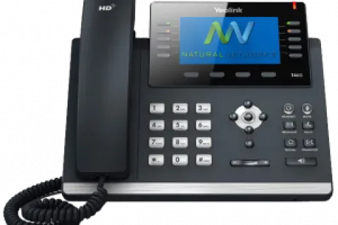 Yealink office IP phone with HD handset, numeric keypad, function buttons, and color display screen.