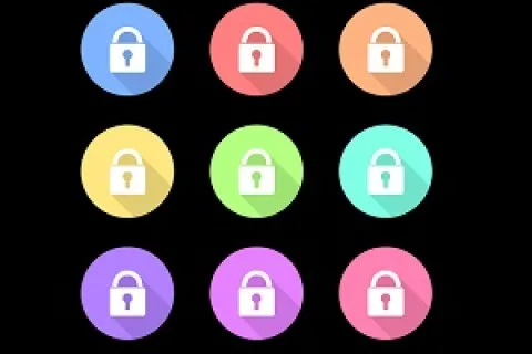 Nine colorful circular icons each featuring a white padlock symbol with shadows on black background