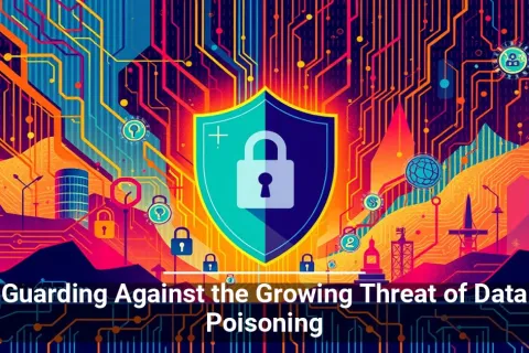 Digital shield with lock icon protecting data networks symbolizing cybersecurity against data poisoning threats.