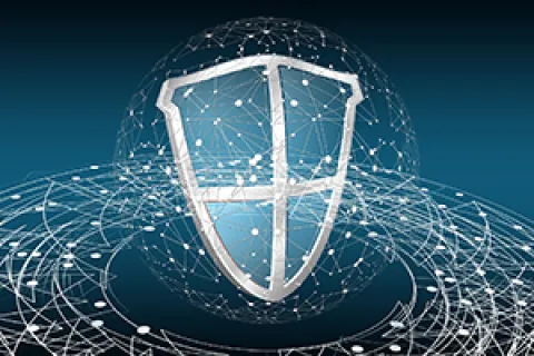 3D shield icon with connected network dots and lines representing digital cybersecurity protection.