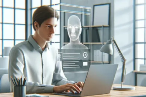 Young man working on laptop with holographic facial recognition and data interface in modern office space