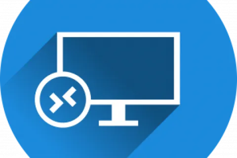 Blue circle with a white monitor icon and a remote desktop connection symbol in the foreground.