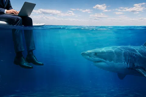 Businessman working on laptop while sitting at water surface with great white shark swimming below.