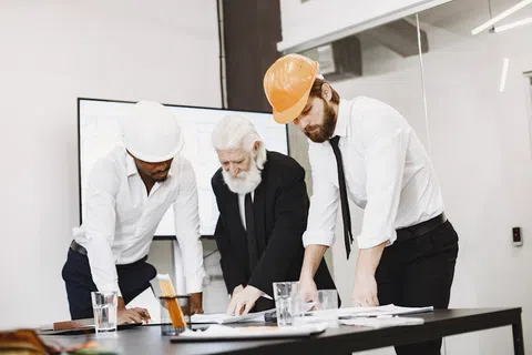 Three engineers wearing hard hats reviewing blueprints and plans in a modern office meeting room.