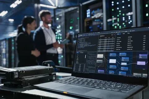 Laptop screen displaying software code and diagrams in a data center with technicians working in the background.