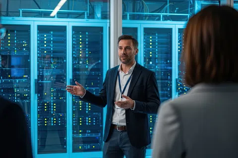 IT professional explaining data center server operations to colleagues in a modern server room with blue lighting.