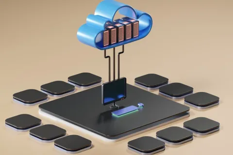 3D illustration of cloud computing with connected servers and devices around a central processing unit.