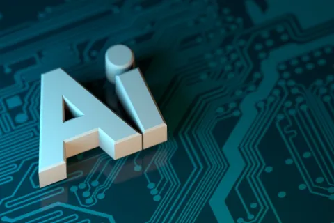 3D AI letters on a futuristic blue circuit board background representing artificial intelligence technology.