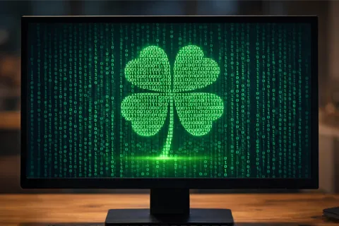 Computer monitor displays a glowing four-leaf clover made of binary code in green programming script.