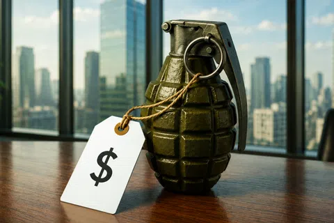 A hand grenade with a price tag featuring a dollar sign sits on a wooden table in an office with city skyscrapers visible.