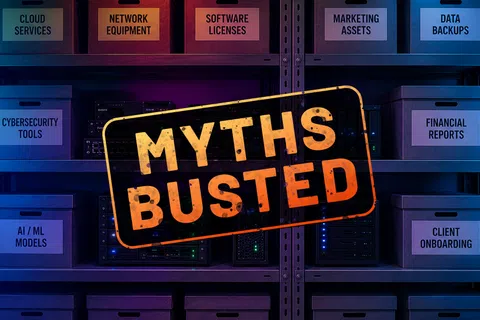 Shelves with labeled boxes and servers showing IT topics with an orange MYTHS BUSTED stamp overlay.
