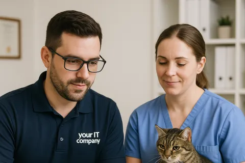 IT professional and veterinarian assisting with a tabby cat using a laptop in a clinical office setting