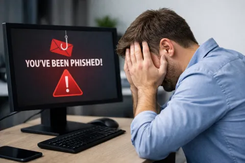 A picture of a man at a desk holding his head while sitting at a computer because he just got phished