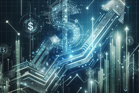 Digital dollar signs and upward arrow graph symbolizing financial growth and economic progress in technology.