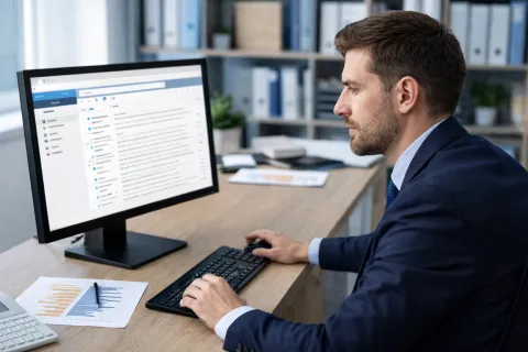 A male financial advisor at his office desk, sitting a computer. He is looking at emails.
