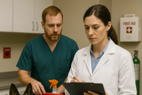 Veterinarians in a clinic preparing an emergency kit with a German Shepherd service dog nearby