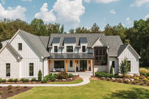 Modern farmhouse with white siding and stone exterior surrounded by green lawn and trees under a blue sky.
