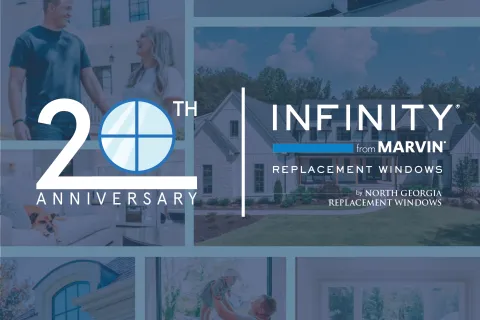Celebrating 20th anniversary of Infinity from Marvin, featuring modern windows and doors.