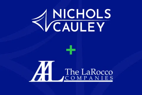 Nichols Cauley and The LaRocco Companies logos on blue background with green plus symbol and tagline Manage Protect Grow