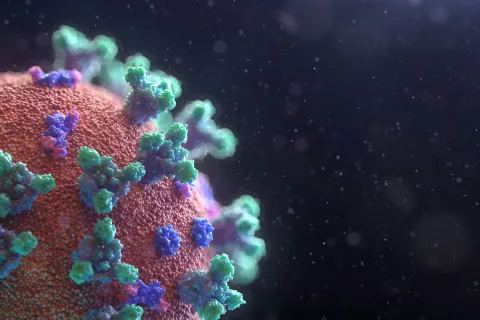 Close-up 3D rendering of a coronavirus particle with spike proteins on a dark background with light particles.