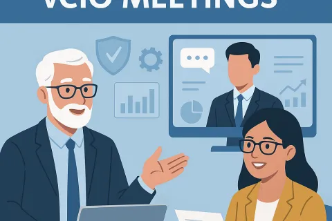 Business professionals in a vCIO meeting with charts and graphs on screen discussing strategic planning.