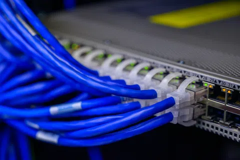 Close-up of blue Ethernet cables connected to a network switch with LED status lights indicating activity.