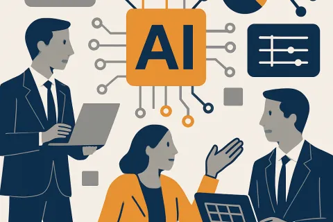 Business team discussing artificial intelligence with laptops and AI circuit illustration in background