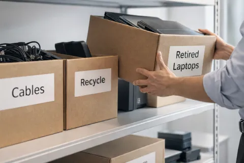 Person organizing labeled boxes for cables, recycling, and retired laptops on metal shelves in office storage.