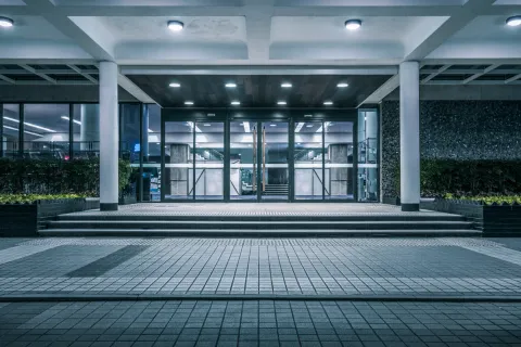 a building with glass windows