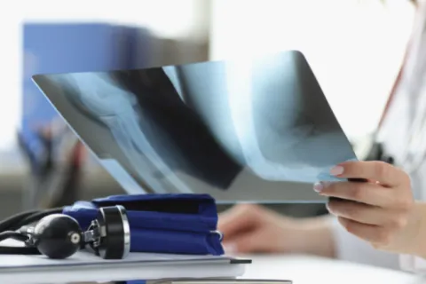 Doctor examining an X-ray image of a leg in a medical office with blood pressure cuff and documents nearby