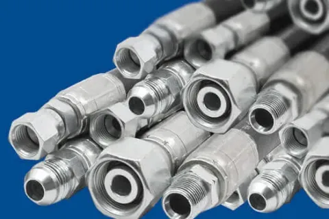 Close-up of multiple industrial metal hydraulic hoses with threaded connectors on a blue background