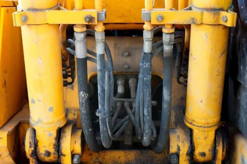 Close-up of yellow heavy machinery hydraulic system with hoses and metal connectors showing wear and dirt