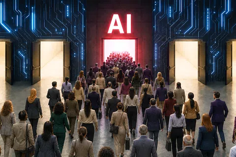 Crowd of diverse professionals walking toward an illuminated AI entrance among other open doors in a futuristic digital environment