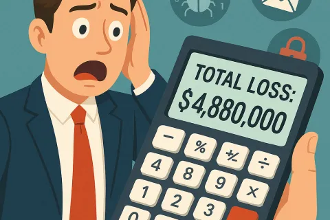 Worried man in suit sees $4,880,000 total loss on calculator amid cybersecurity threat icons.