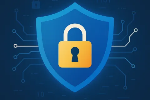 Blue shield with golden padlock symbolizing cybersecurity and data protection on a tech background.