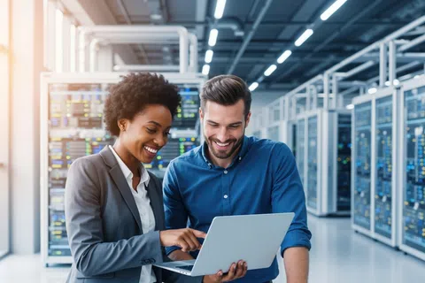 Two IT professionals smiling and working on a laptop inside a modern data center with servers.